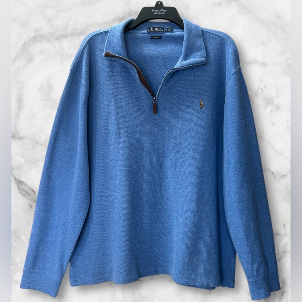 Polo Ralph Lauren Estate Rib 1/4 Zip Pullover Sweater Blue Pony Preppy Size XL - Picture 2 of 10